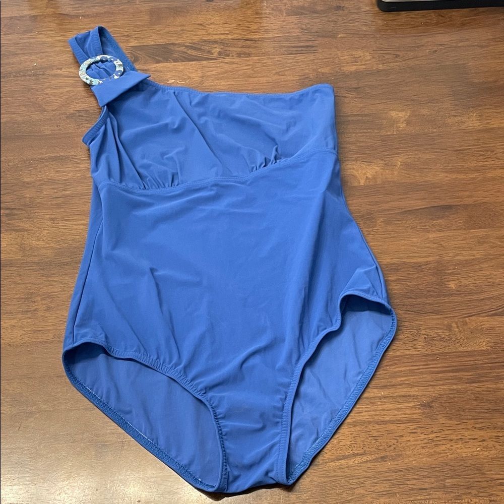 NEW Karla Colletto Blue O Ring Strap One Shoulder One Piece Swimsuit Size 12